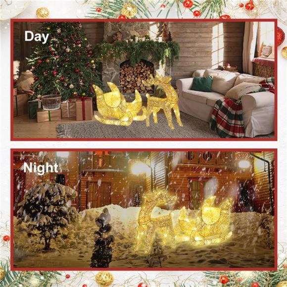 Lighted Christmas Reindeer& Sleigh, 60 LED Light-Up Glittered Deer, Gold - Picture 4 of 5